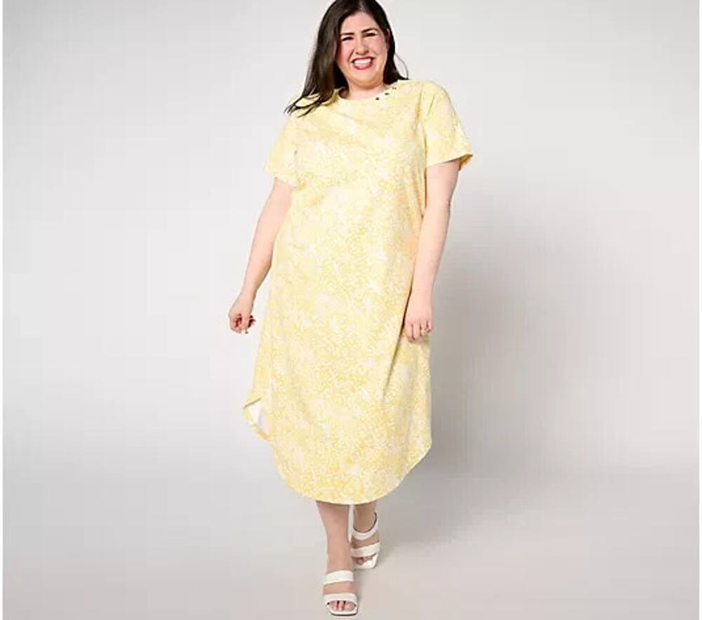 Sport Savvy T Shirt Dress Size Large Midi Yellow Abstract Print Short Sleeve
